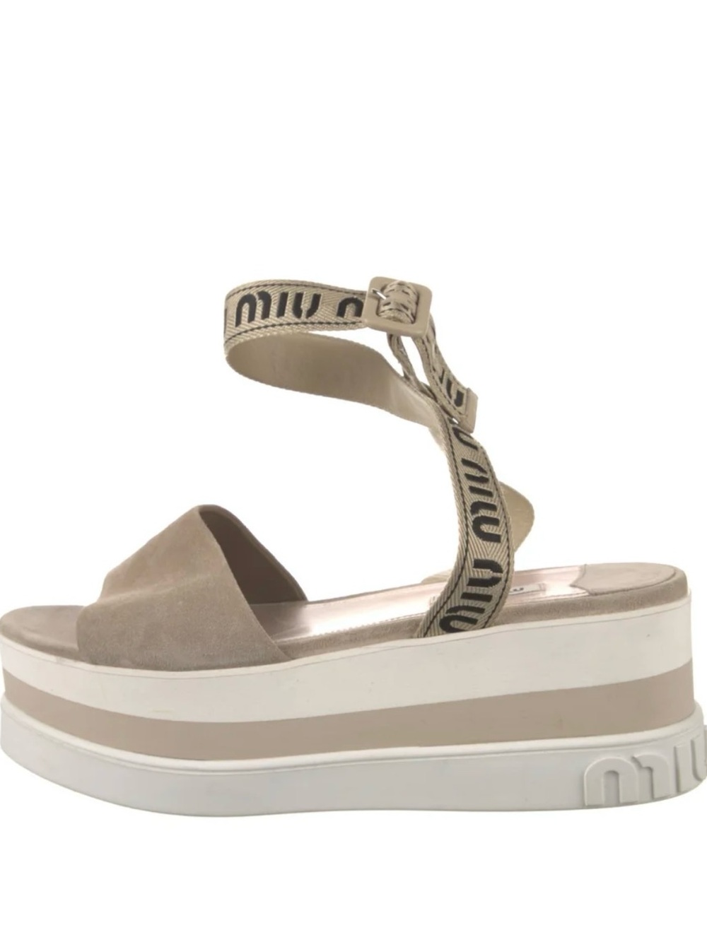 Miu Miu Beige Suede Platform Sandal with Branded Ankle Strap